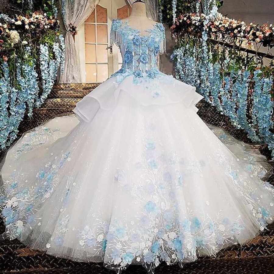 wedding dresses blue and white